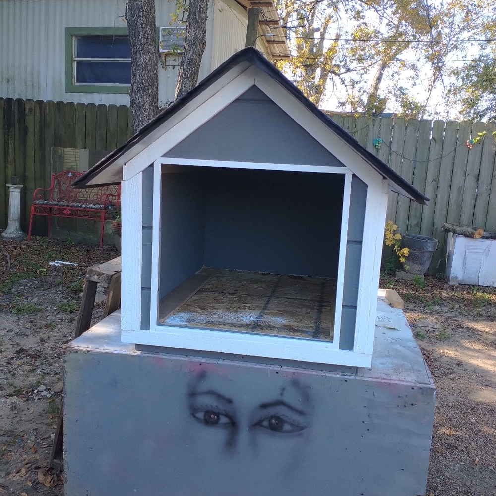 Custom dog house Gray color with white trim
